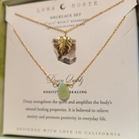 2 PC LUNA NORTE DRUSY QUARTZ GEMSTONE & GOLD PLATED LEAF CHARM NECKLACES - Picture 4 of 5